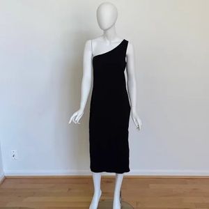 banana republic one shoulder black satin midi dress!